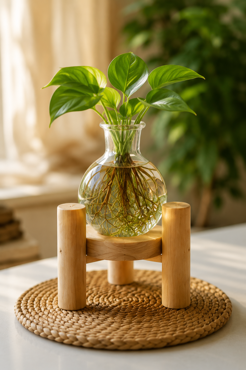 RootSphere glass propagation vase with wooden stand holding a green pothos plant
