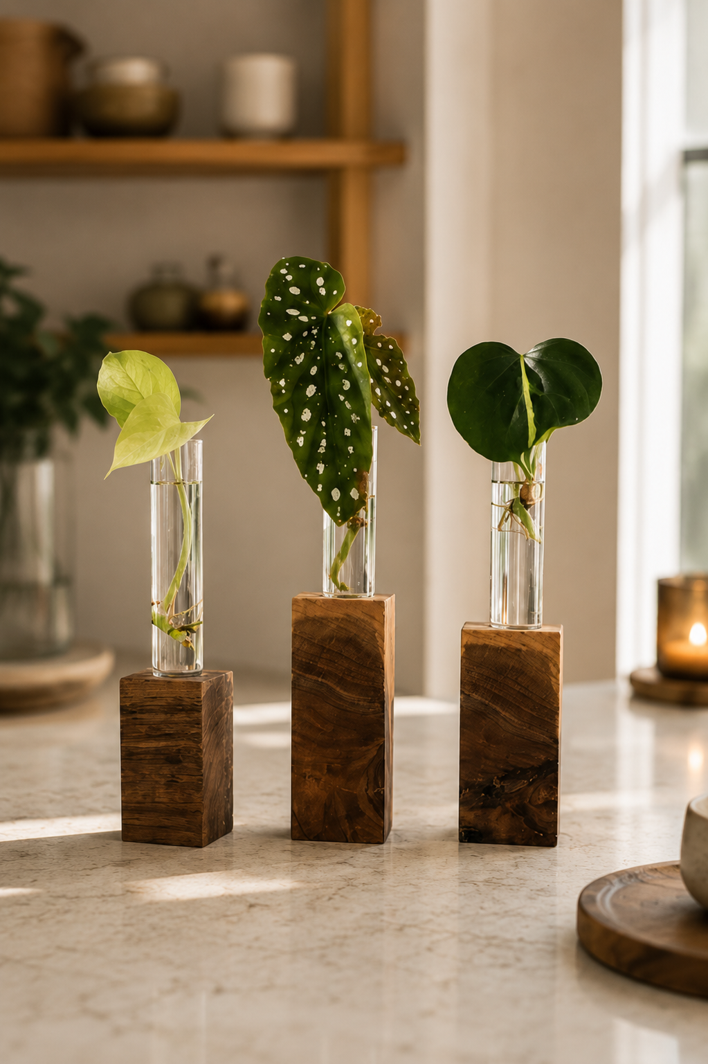 RootPillar Trio — three glass propagation tubes in wooden stands with plant cuttings on a marble surface