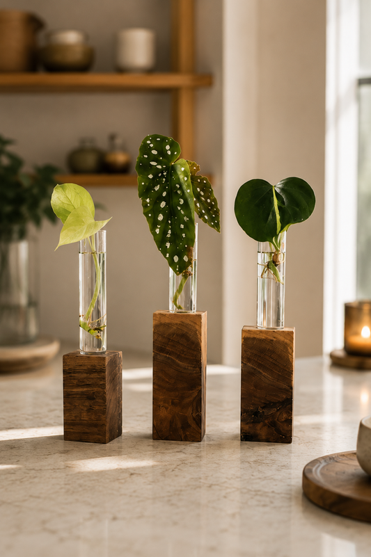 RootPillar Trio — three glass propagation tubes in wooden stands with plant cuttings on a marble surface