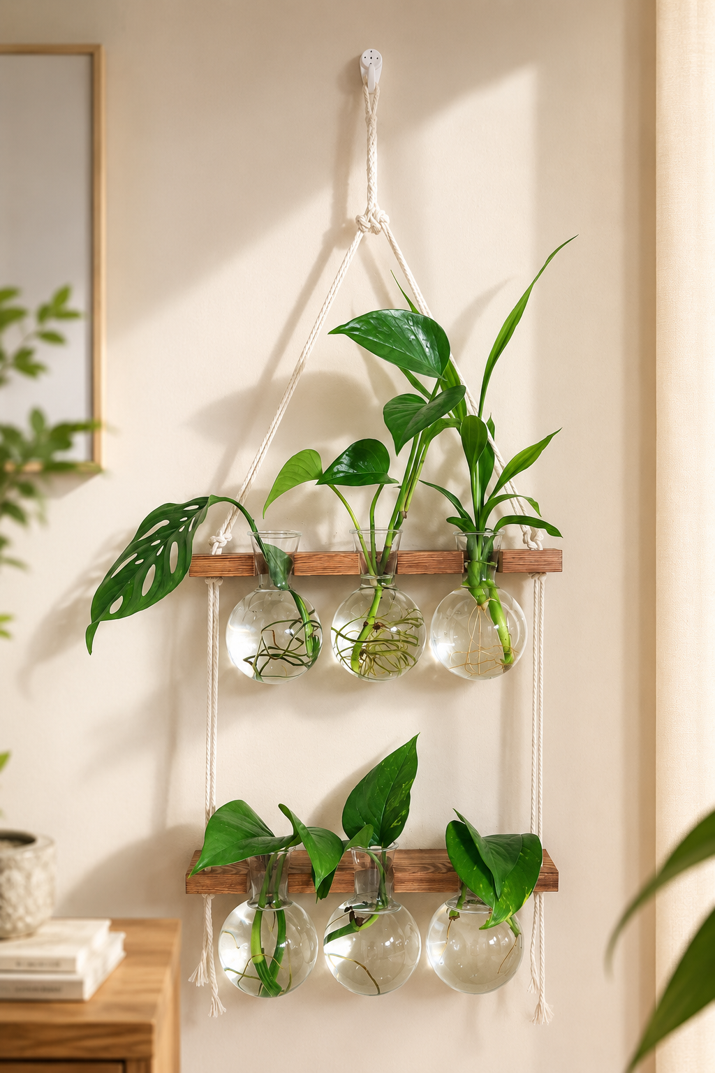 Hanging Propagation Orbs — two-tier wall station with six glass orb vases and plant cuttings
